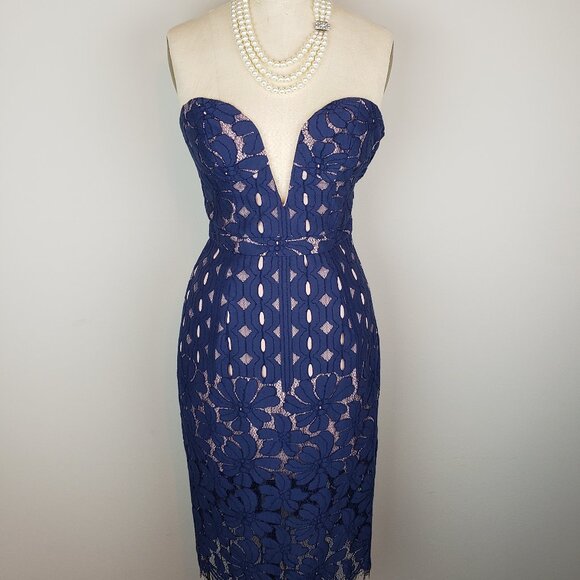 Stylestalker Navy Blue & Blush Pink Strapless Lace Cocktail Dress * Size Small - Picture 1 of 7
